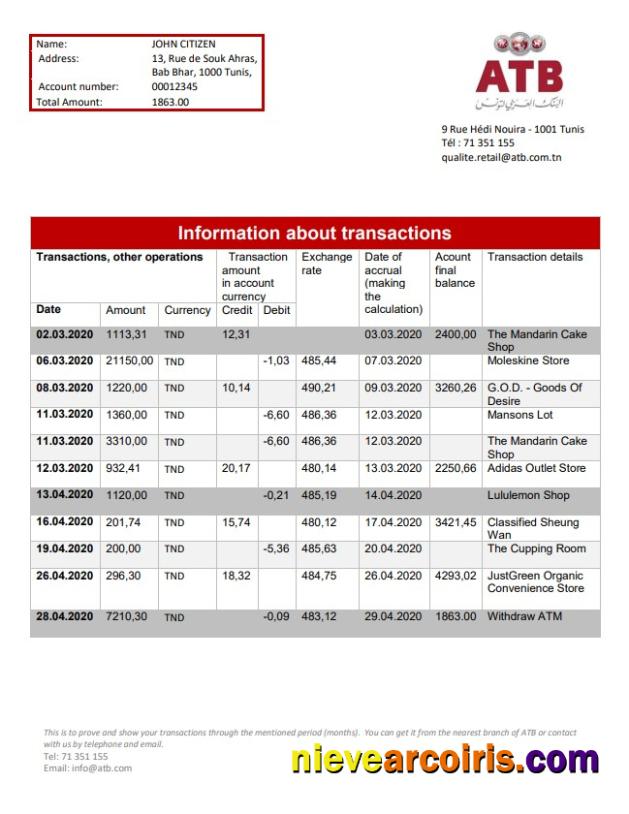 Tunisia ATB bank proof of address statement in Word and PDF format (.doc and .pdf)